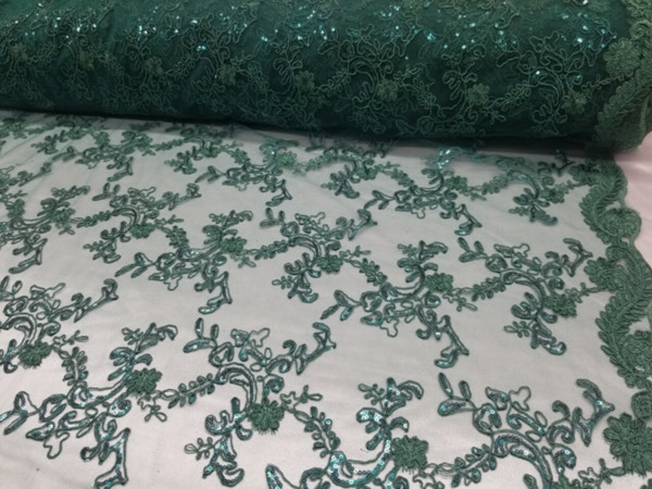 1 Yard Hunter Green Metallic Flowers Sequins Mesh Lace Fabric for Tablecloths and Costumes